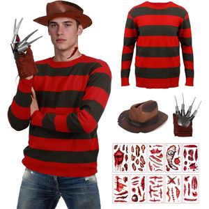 Costume d'Halloween pour homme, pull tricoté, chapeau marron, gants, autocollants plaies de sang, ensemble de tenue de cosplay - Product Image 1