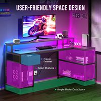 Bureau d'ordinateur de jeu en métal durable SENYU avec prises électriques, éclairage LED, grande étagère d'angle en forme de L, crochets pour casque, noir
