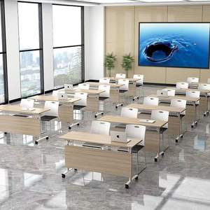 Table de conférence pliante rectangulaire modulaire mobile pour bureau, salle d'étude, espace commercial, couleur bois naturel, quincaillerie métallique - Product Image 1