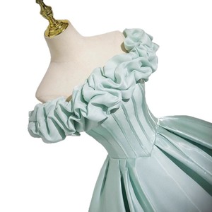 Off-the-Shoulder Satin Ball Gown Light Green Empire Waist Ruffles For Evening Events Adult Ceremonies Hosting Performances - Product Image 5