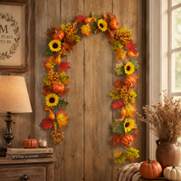 Guirlande artificielle longue pour décoration suspendue de Thanksgiving, motif vigne d'automne chaude, tournesol, citrouille, feuilles d'érable et baies, pour cheminée et cadre de porte