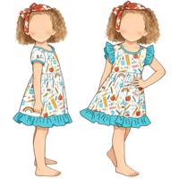 Robe d'été pour filles, style boutique, vente en gros, imprimé fleurs et pommes, manches volantées, pour la rentrée scolaire