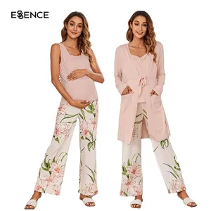 Maternity 3pcs Floral Print Robe and Pajamas Adjustable Elastic Waist Belted Nursing PJ Set