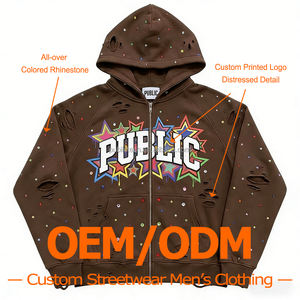 Sudadera con capucha de alta calidad para hombre, personalizada, con mangas raglán, efecto desgastado, borde sin rematar, con pedrería en toda la superficie y cremallera completa. Fabricante de ropa. - Product Image 1