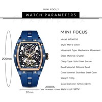 Montre automatique de luxe pour homme Mini Focus MF0603G avec bracelet en silicone lumineux à barillet creux, mouvement mécanique étanche