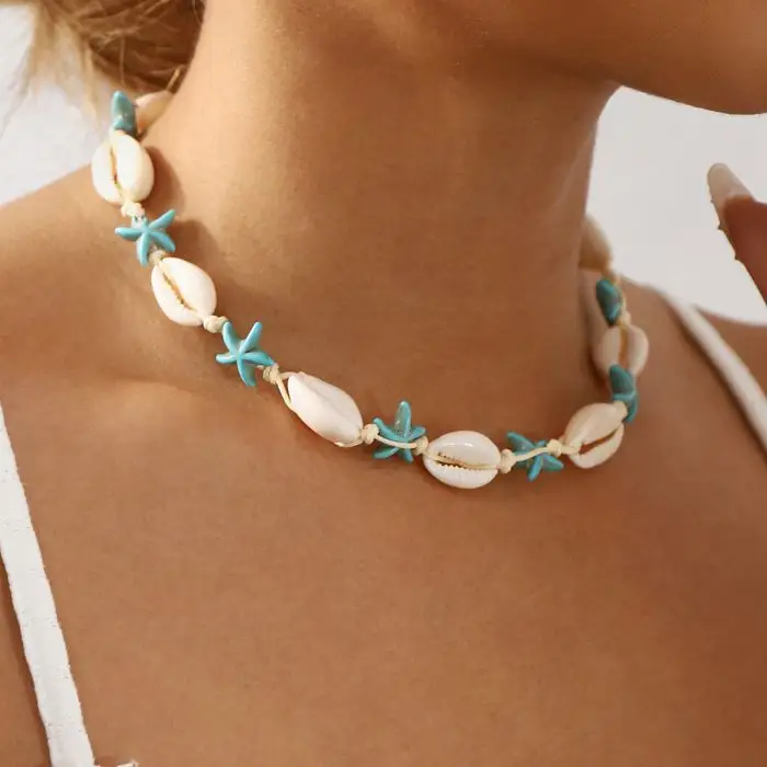 Colar de estrela do mar artesanal boêmio feminino concha de verão com contas e concha de clavícula colar de corrente