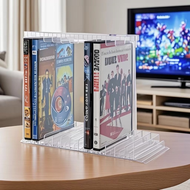 Modern Eco-Friendly Clear Plastic DVD Organizer Stackable Rectangular Holder Rubber Feet 14 Standard Cases 2-Tier Adjustable