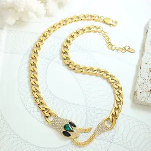 18k Gold Plated Cuban Link Chain Necklace Women Titanium Steel Zircon Crystal Clasp Snake Necklace Jewelry Gift