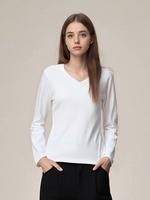 Camiseta de Diseñador para Mujer, 230 g/m², 92% Algodón, 8% Elastano, Blanca, Manga Larga, Cuello en V, Cintura Ajustada, Estampada