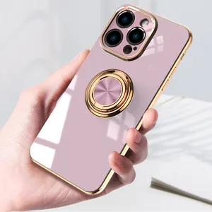 6D Electroplated TPU Bumper With Round Ring Holder Kickstand Phone Case for iPhone 15 Pro