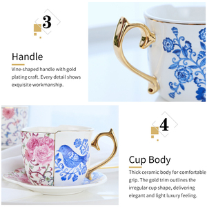 Juego de Taza y Platillo de Café de Cerámica Vintage Europea - Diseño de Pájaro y Flor con Detalles en Oro - Product Image 4
