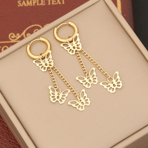 Boucles d'oreilles longues à pampilles en acier inoxydable plaqué or 18K PVD |   Plume, papillon, croix et serpent, etc. |   Léger et hypoallergénique - Product Image 6