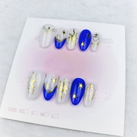 Seni kuku buatan tangan, desain Bintang berbentuk almond berwarna biru, berkualitas tinggi, dan dapat digunakan kembali.