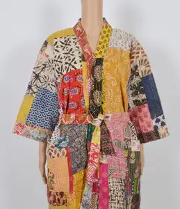 印度棉袍古花块印花柔软舒适长和服完美女式沙滩装批发