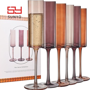 Set Of 6 6 OZ Textured Mouth Blown Best Selling Long Stemmed Holiday Brown Colorful Edge Luxury <strong>Champagne</strong> <strong>Flute</strong> Glasses - Product Image 1