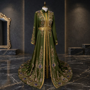 Elegant Green Embroidered Loose Abaya Dress Gold Floral Pattern Floor Length Modest <b>Long</b> Sleeve Stand Collar <b>Wedding</b> Middle East - Product Image 3