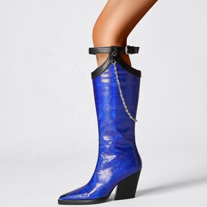 Cow Boy Western Styles Women Snake Print Knee High <b>Boots</b> Wedge Chunky Heels Metal Chain Booties Wide Feet Size 46 Shoes - Product Image 2