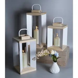 Foryoudecor Scandinavian 3 sizes wooden lanterns elegant white metal modern candle lantern for every season decoration