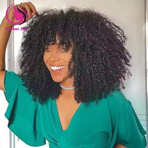 Perruque afro bouclée haute densité avec frange, sans lacet, couleur naturelle, en cheveux humains vierges, vente en gros, perruques courtes bob pas chères - Product Image 2