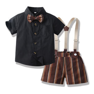 Conjunto de ropa de estilo moderno transfronterizo para niños mayores, <span class=keywords><strong>Camisa</strong></span> de algodón con lazo de manga corta de verano, conjunto de pantalones cortos a rayas con <span class=keywords><strong>tirantes</strong></span> - Product Image 3