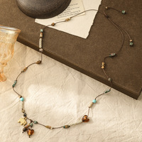 Kalung Tali Anyaman Boho Batu Mata Harimau Jasper Gambar Bunga Turquoise Giok Liontin Daun Emas Baja Tahan Karat Unisex