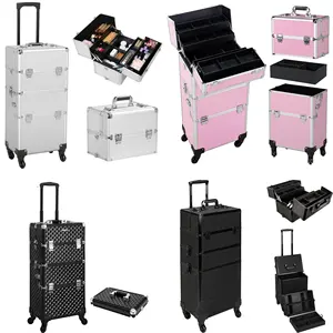 trolley aluminum cosmetic makeup beauty travel vanity train case with light on wheels