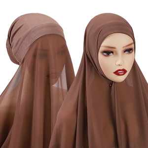 Wholesale Hooded Scarf Set Long Scarf Modal Cotton <strong>Caps</strong> with <strong>Plain</strong> Chiffon Hijabs Stitched Instant Hijabs for Muslim Women - Product Image 2
