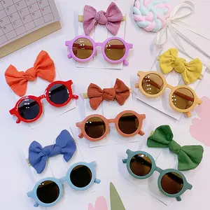 Qianjin Low Price 2pcs/set Sunglasses With Elastic Hair Bands Nylon Baby Headband Design Round Sunglasses Kids Puff Bow Headwear