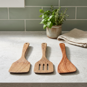 Ensemble de spatules en bois d'acacia JM Premium, 3 pièces, résistantes à la chaleur, ustensiles de cuisine, spatule ajourée, antiadhésives, logo personnalisé - Product Image 4
