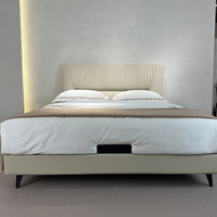 Cadre de lit king size moderne de luxe, design italien, revêtement en cuir véritable, bois de pin, beige, lit double, meubles de chambre à coucher