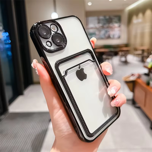 Funda de teléfono con tapa galvanizada de lujo para iPhone 15 16 <span class=keywords><strong>Pro</strong></span> <span class=keywords><strong>Max</strong></span> <span class=keywords><strong>11</strong></span> con bolsillo para tarjeta y parachoques transparente - Product Image 1