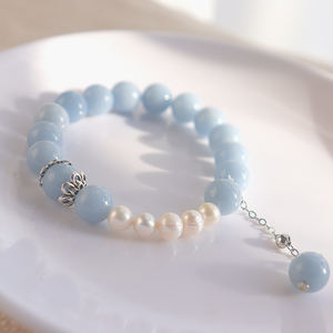 Bracelet en perles d'angélite bleu clair avec breloque fleur en <span class=keywords><strong>perle</strong></span> et argent, chaîne ajustable, bijoux de mode - Product Image 6