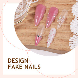 24 <span class=keywords><strong>faux</strong></span> <span class=keywords><strong>ongles</strong></span> roses en amande à motif pois français avec strass, en ABS de haute qualité, à presser, réutilisables pour application sur les doigts - Product Image 2