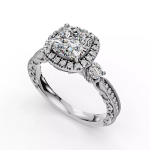 Anillo de compromiso de oro blanco de 14K con diamante cultivado en laboratorio de corte cojín, detalles intrincados de filigrana, piedra lateral y elegante halo, joyería IGI - Product Image 2