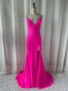 <span class=keywords><strong>Robe</strong></span> de soirée sirène en satin à col en V et fines bretelles, ornée de strass, avec fente haute et dos lacé, de l'usine de Chaozhou - Product Image 4