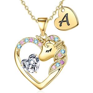 Trendy Heart Colored Zircon Unicorn Shaped Pendant <strong>Necklace</strong> 18K Gold Plated Link Chain 26 <strong>Initial</strong> Letters Optional <strong>Children's</strong> - Product Image 2