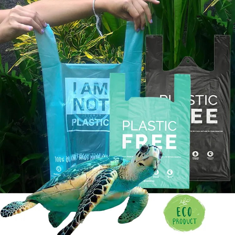 Custom logo printed eco friendly ldpe pla cornstarch compostable grocery packaging bio degradable i am not plastic shopping bags