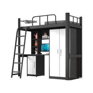 Lit superposé avec bureau en dessous, structure en fer, lit de dortoir double avec échelle et armoire de rangement pour adulte - Product Image 2