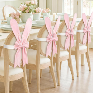 4 housses de dossier de chaise en peluche extensibles amovibles avec oreilles de lapin roses mignonnes et nœud, pour la table à manger à la maison - Product Image 4