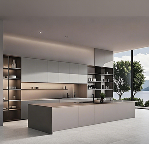 <span class=keywords><strong>Cocina</strong></span> Abierta <span class=keywords><strong>de</strong></span> Lujo Minimalista: Gabinetes en Tonos Neutros, Estanterías Abiertas Retroiluminadas, Isla, Espacio <span class=keywords><strong>de</strong></span> Comedor Integrado con Iluminación - Product Image 1