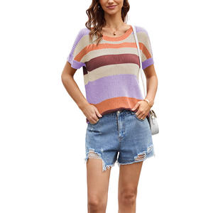 Tops de Punto <span class=keywords><strong>Sunner</strong></span> de Talla Grande para Mujer, Camisetas de Punto Holgadas de Manga Corta con Rayas de Arcoíris - Product Image 2