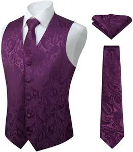 Men's Vest Tie Set Paisley Floral Jacquard Necktie Pocket Square Waistcoat for Suit or Tuxedo