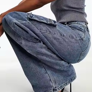 Jean évasé vintage taille haute pour femme, pantalon décontracté en denim mi-mollet, multi-poches, coupe large, respirant, couleur unie - Product Image 4