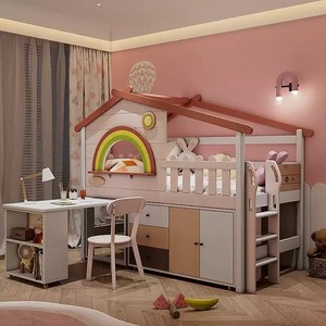 Cama Infantil <span class=keywords><strong>de</strong></span> <span class=keywords><strong>Madera</strong></span> Multifuncional con Diseño <span class=keywords><strong>de</strong></span> Casa <span class=keywords><strong>de</strong></span> Árbol Arcoíris, Combinación <span class=keywords><strong>de</strong></span> Almacenamiento, Altura Media, para Niños y Niñas - Product Image 2