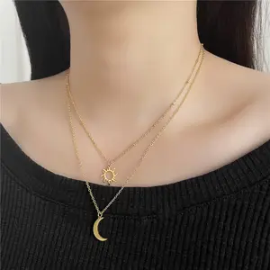 Factory Price Wholesale Necklace Titanium Steel Gold Plated Necklace Sun And Moon Double Layer Necklace For Men