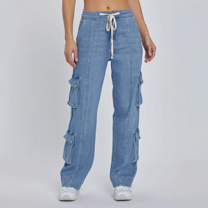 Nouveau jean femme délavé multi-poches à jambes larges et lacets, tendance - Product Image 1