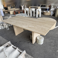 Table à manger en travertin beige Dream Home, table rectangulaire en marbre à coins arrondis, plateau en pierre massif, pieds en pierre pour maison moderne