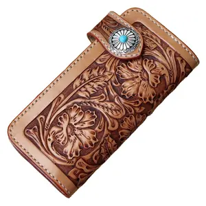 2021 new products wholesale leather wallets hand carved purse slim wrist wallet