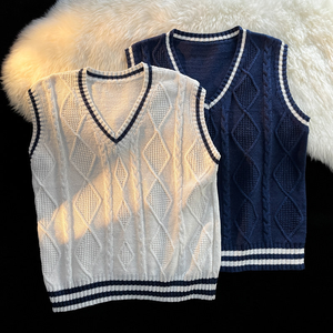 Gilet sans manches en tricot torsadé 100 % coton, col en V, motif uni, style « Old Money » <span class=keywords><strong>de</strong></span> luxe, avec logo personnalisé, pour homme, hiver - Product Image 2