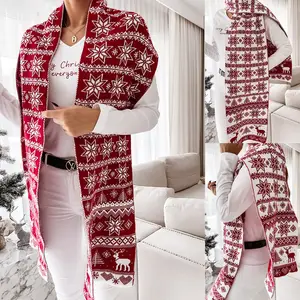 Christmas Scarf With Printed Snow&Deer&Christmas Tree Pattern Christmas Winter Warm Knitted Scarf